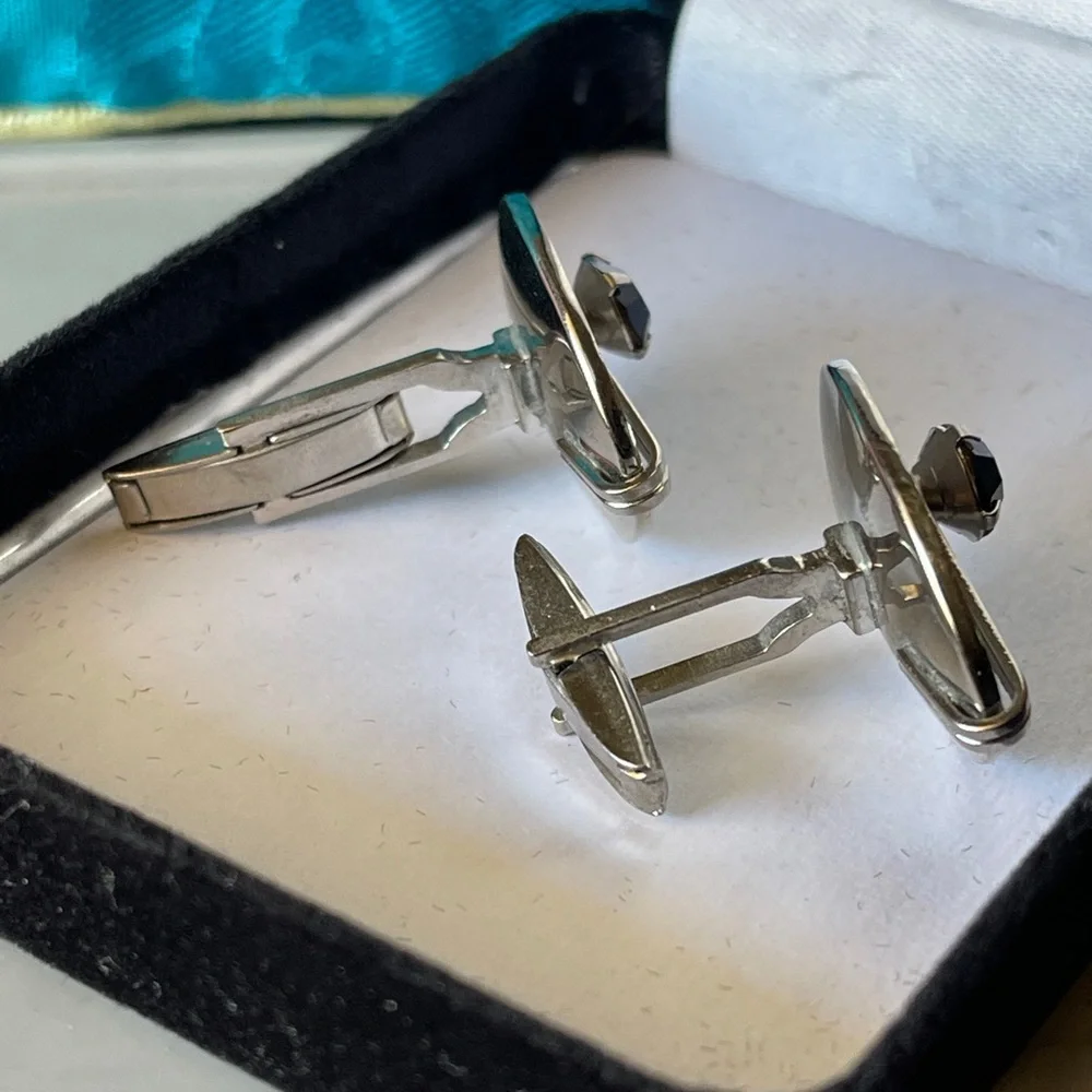 Silver Oval Cufflinks with Black Stone Accent